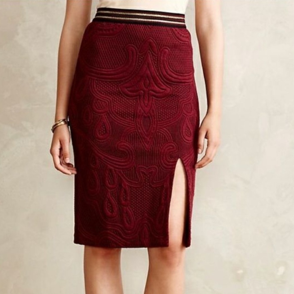 Anthropologie Maeve Sporty Striped Jacquard Burgundy Skirt with Slit size Large